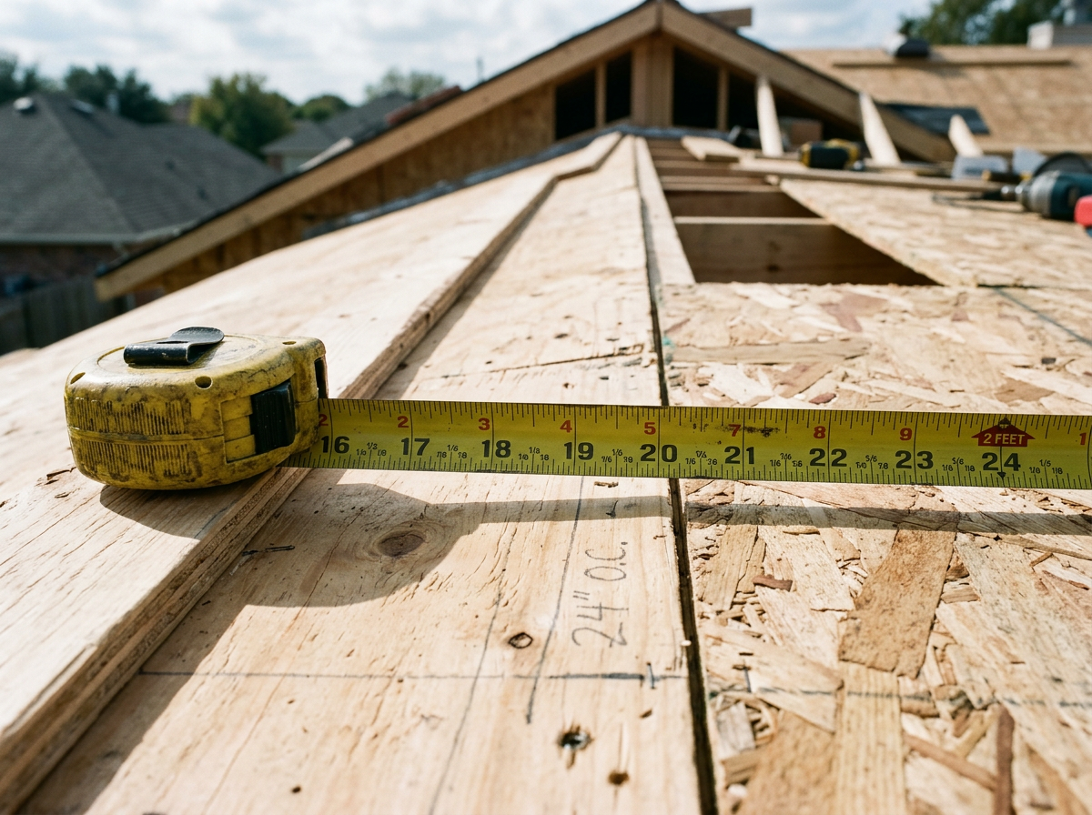 Yellow steel tape measure extended across new plywood roof sheathing on a house under construction