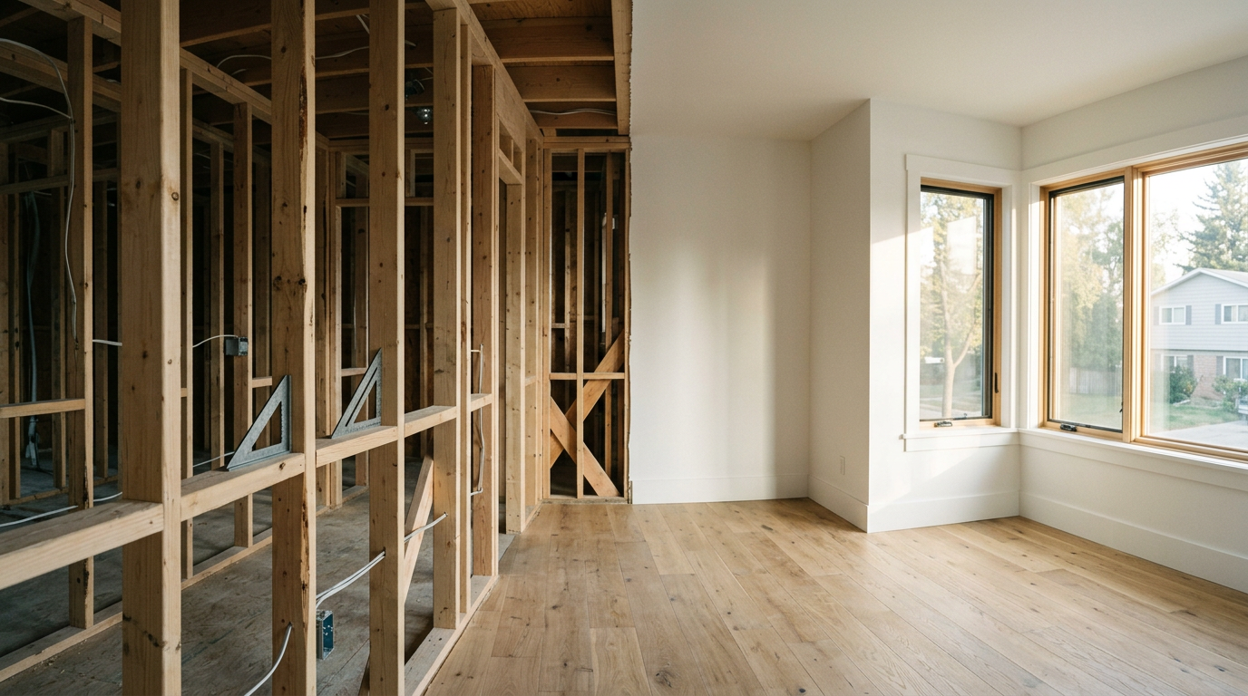 Panoramic home renovation interior showing exposed stud framing in shadow continuing into a bright finished room with white walls and oak flooring