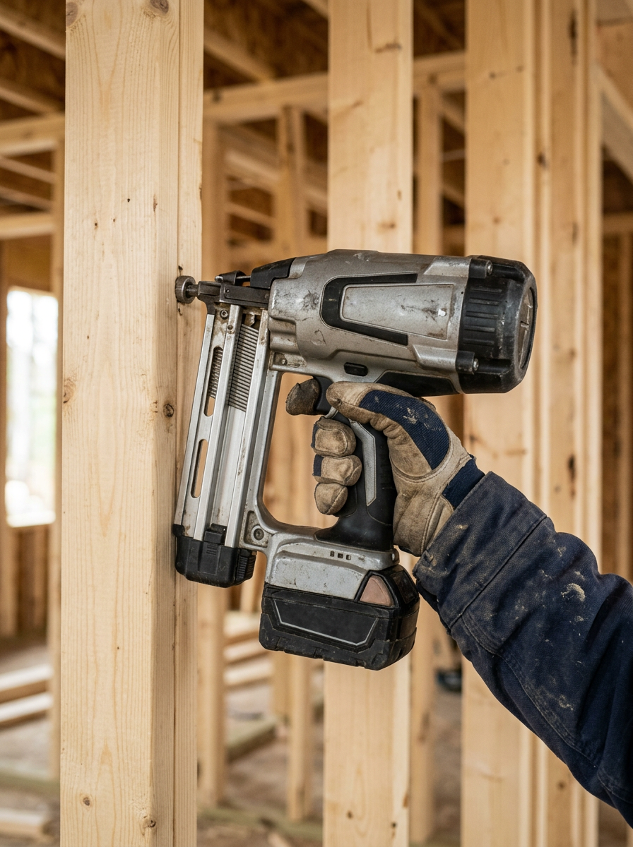Gloved hand driving a cordless framing nailer into a spruce wall stud inside a house under construction