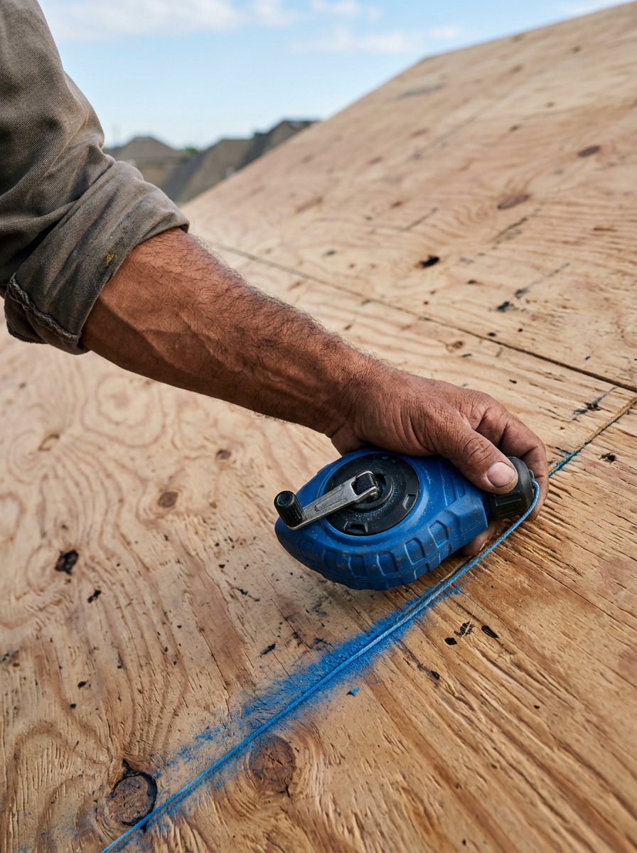 Close-up of a chalk line reel snapping a guide line on plywood roof sheathing