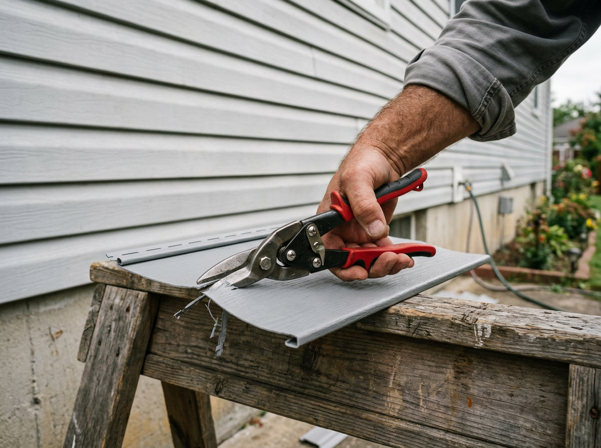 Tin snips trimming a length of gray vinyl siding on a sawhorse beside a house