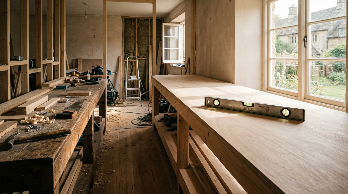 Panoramic carpenter workbench inside a home renovation with a steel spirit level resting in bright window daylight