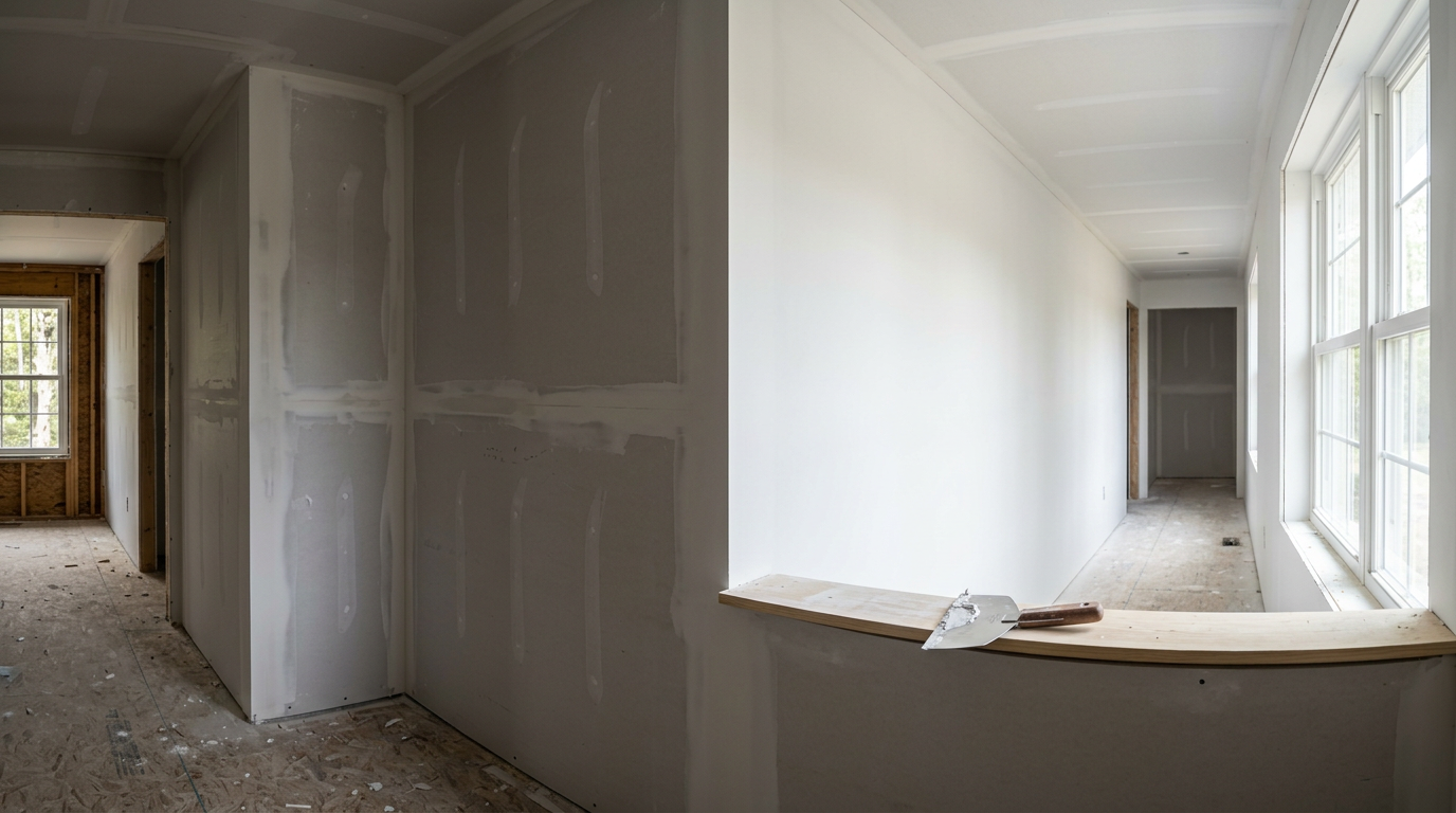 Panoramic interior of newly hung and taped drywall with a taping knife resting on a ledge in natural window light