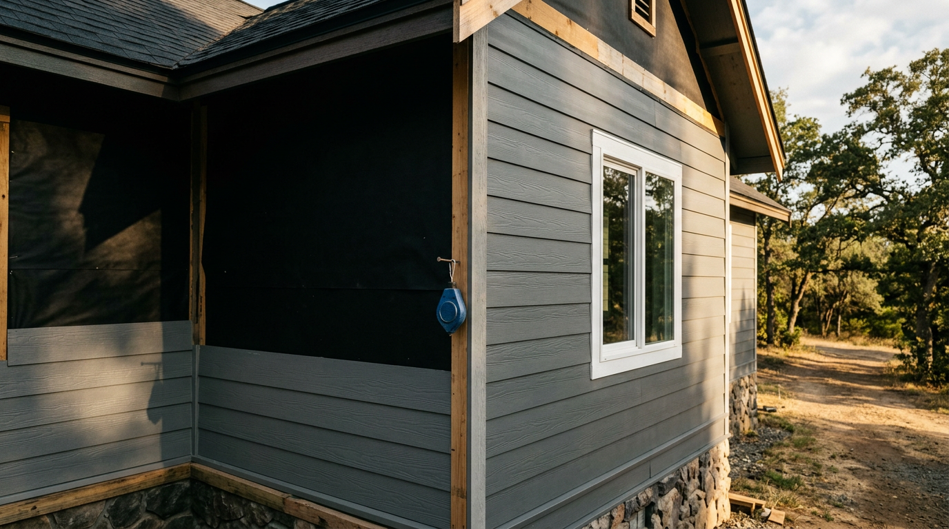 Panoramic house exterior with new gray lap siding and white window trim in warm afternoon light during a siding installation