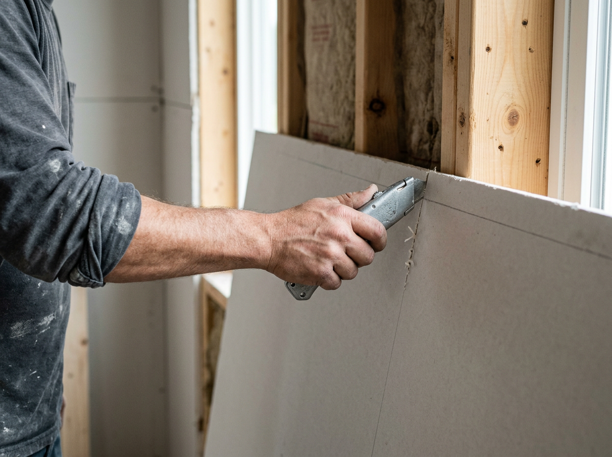 Utility knife scoring a sheet of drywall against a wood stud wall