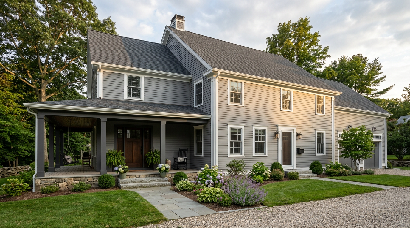 Panoramic completed New England home exterior with a new charcoal shingle roof, gray clapboard siding and white trim at golden hour