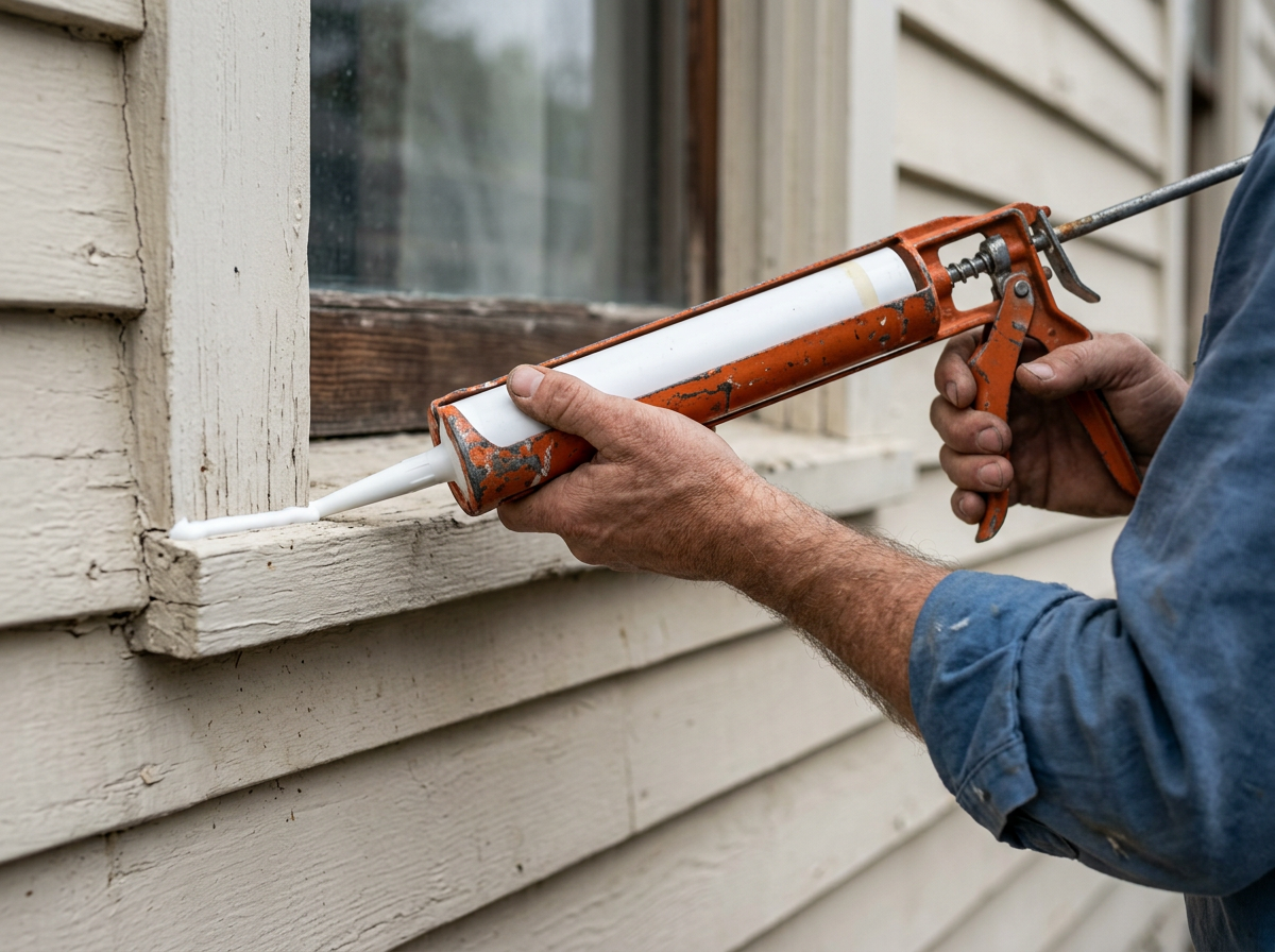 Close-up of a caulking gun sealing exterior window trim on a home