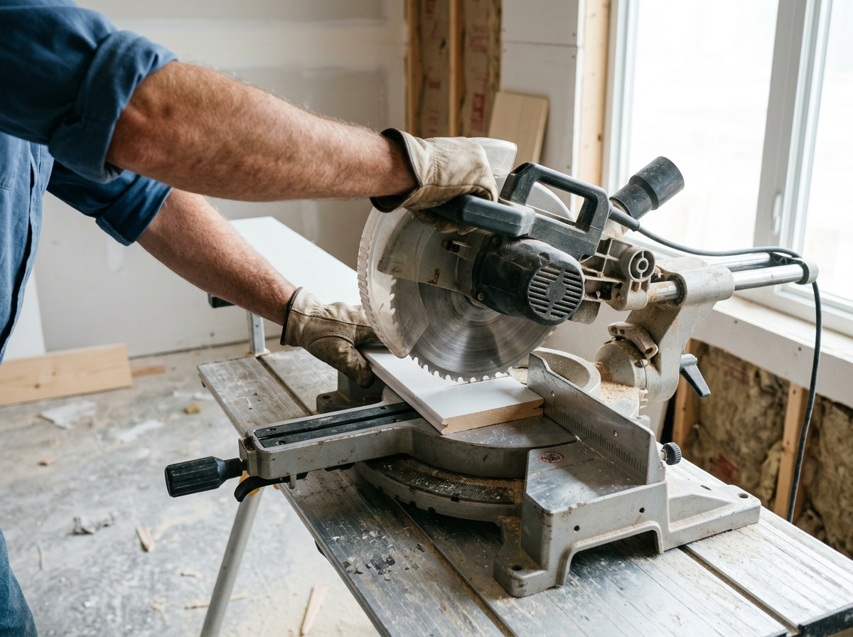 Compound miter saw cutting white baseboard trim in a room being remodeled