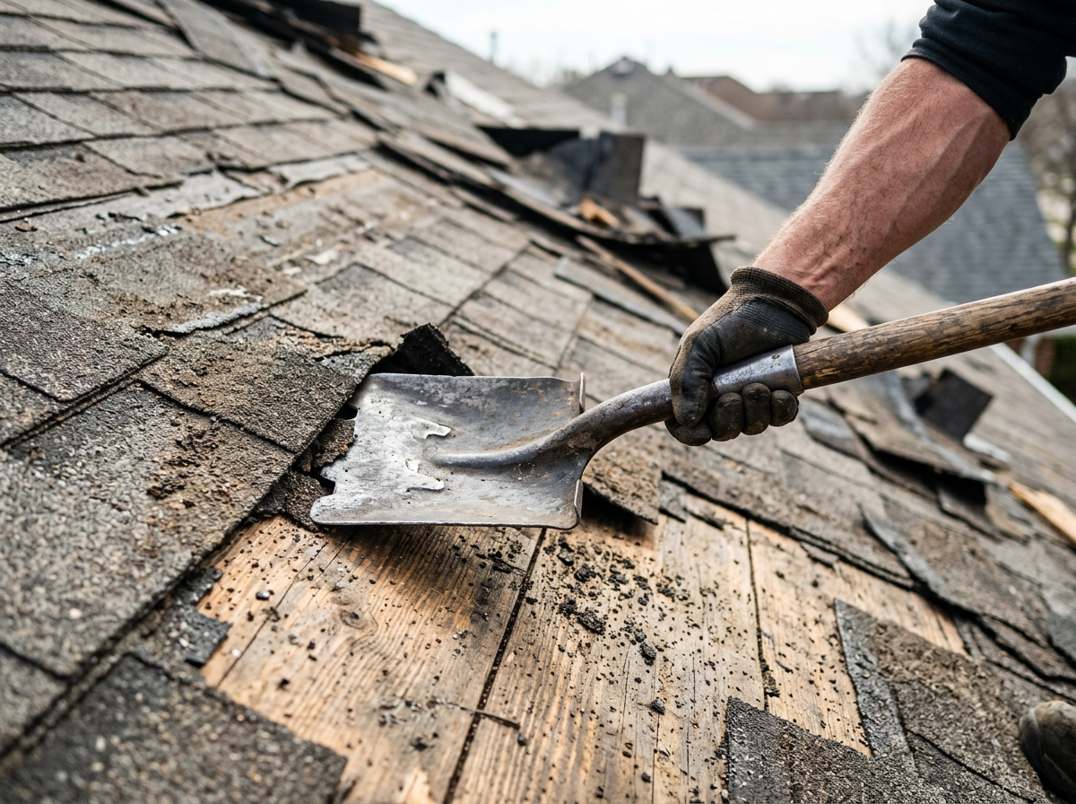 Roofing shovel tearing off old asphalt shingles to expose the roof decking