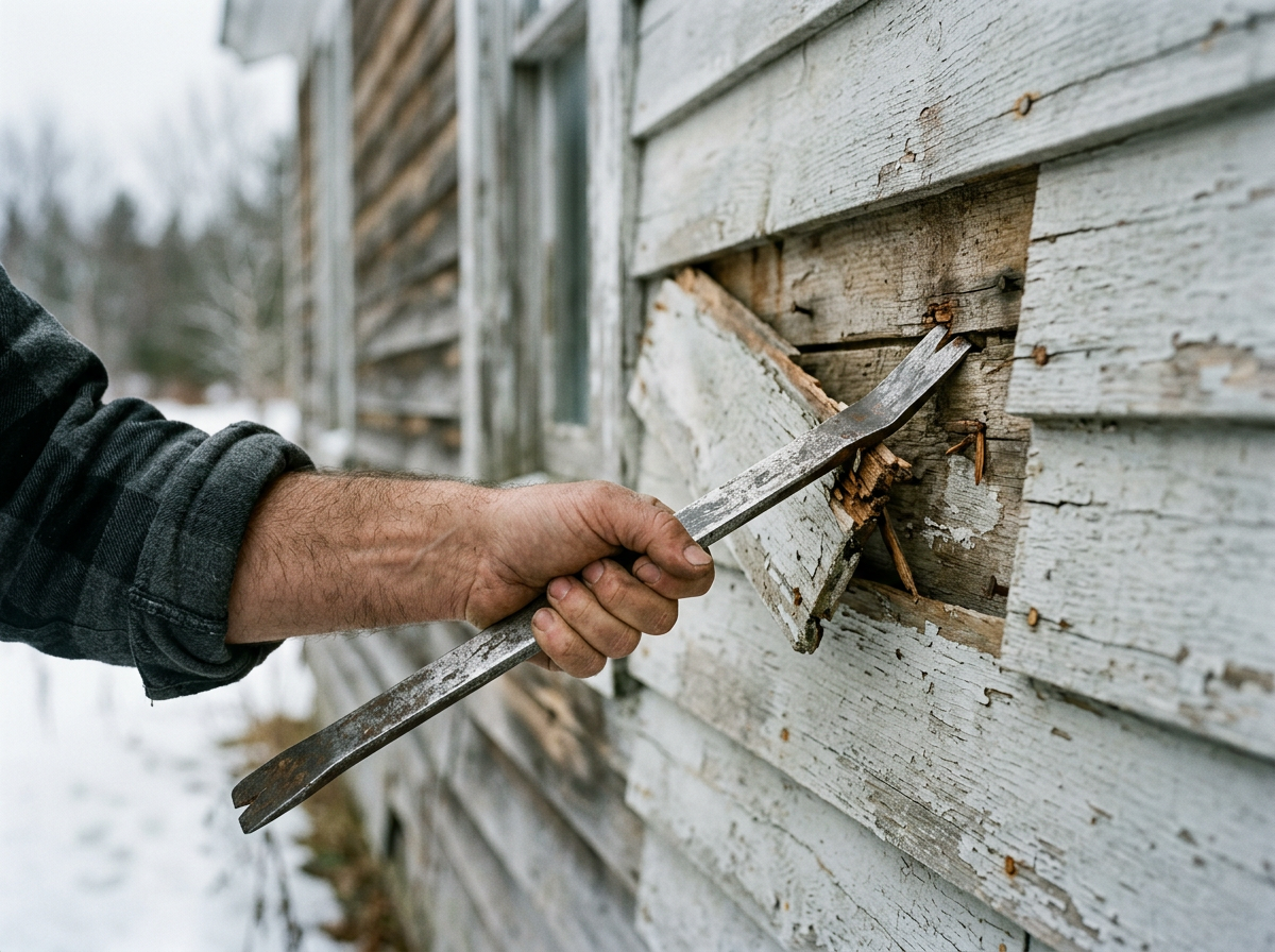 Pry bar removing damaged clapboard siding from a New England farmhouse in winter