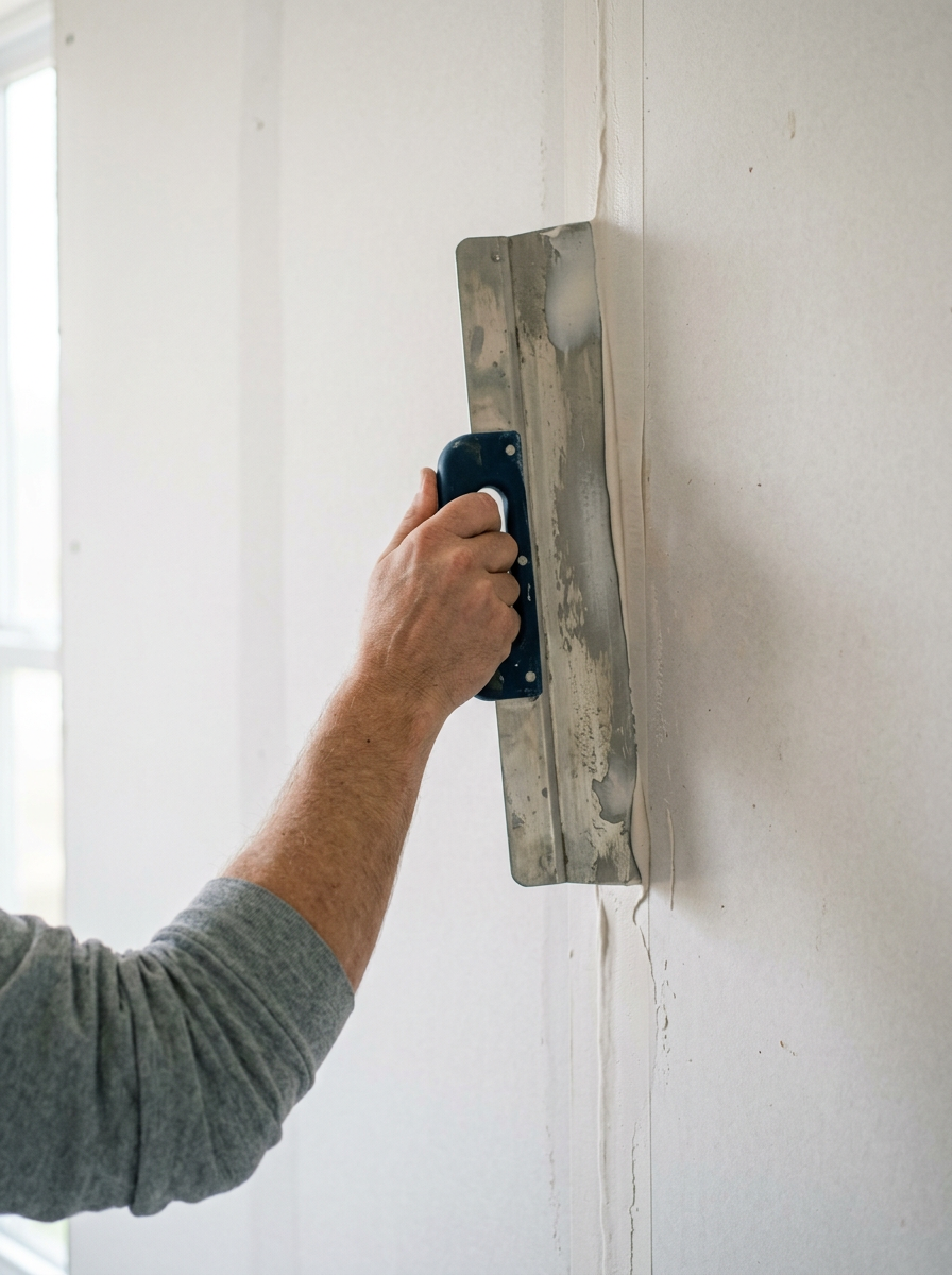 Close-up of a stainless taping knife spreading joint compound on a drywall seam