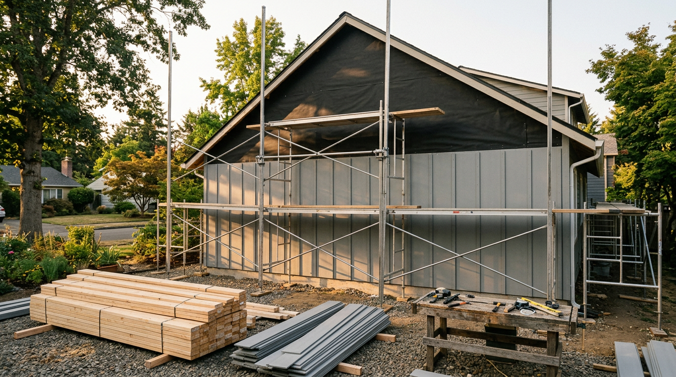 Residential exterior renovation at golden hour with gray fiber-cement siding and aluminum scaffolding