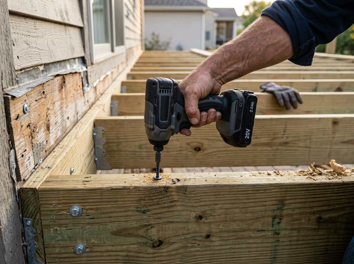 Cordless impact driver fastening a pressure-treated ledger board on a new deck frame
