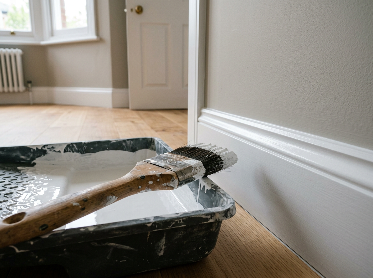 Paint brush resting on a paint tray beside freshly painted white baseboard trim in a finished renovated room