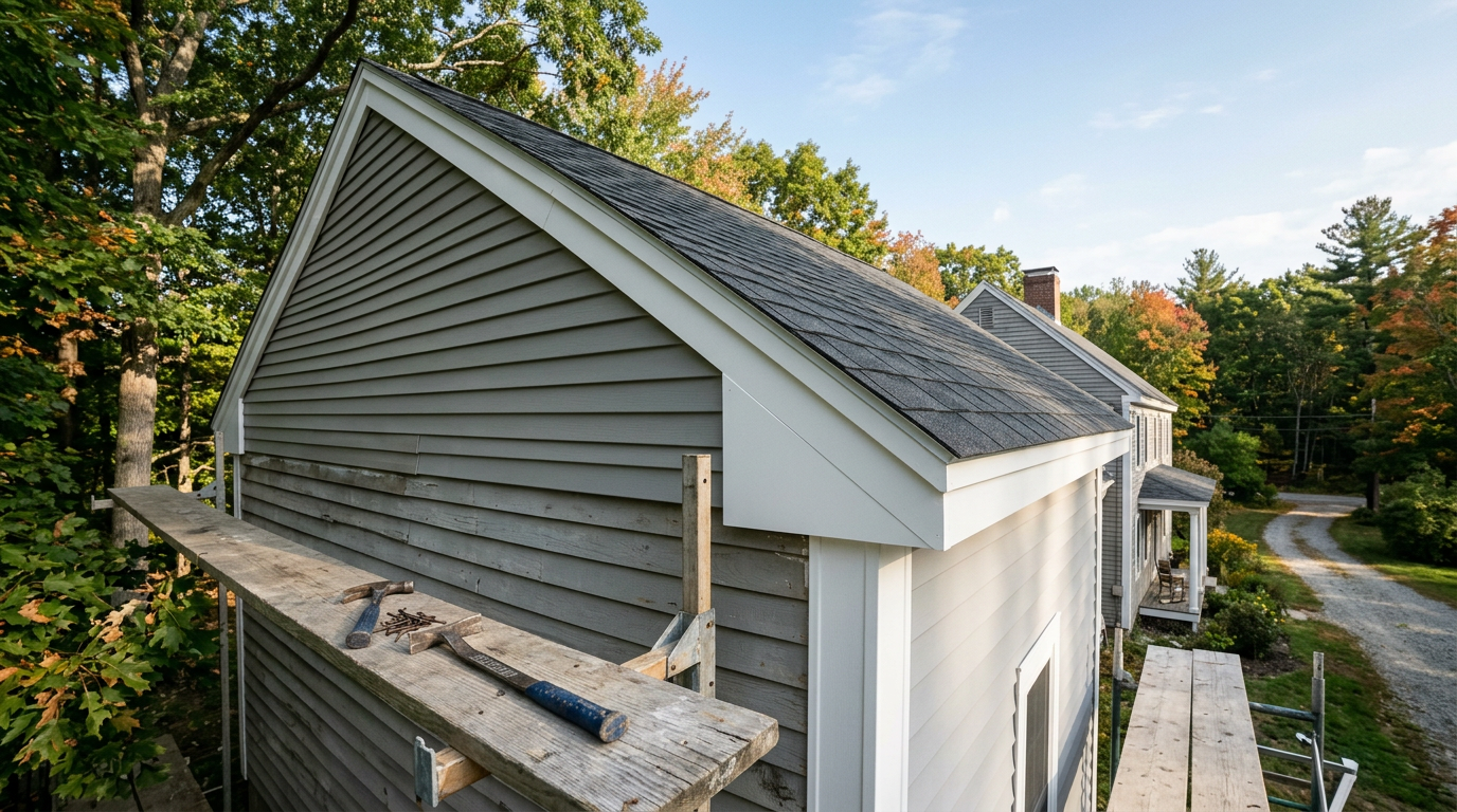 Panoramic New England home exterior renovation with new gray siding, a new charcoal shingle roof and a hammer on the staging plank