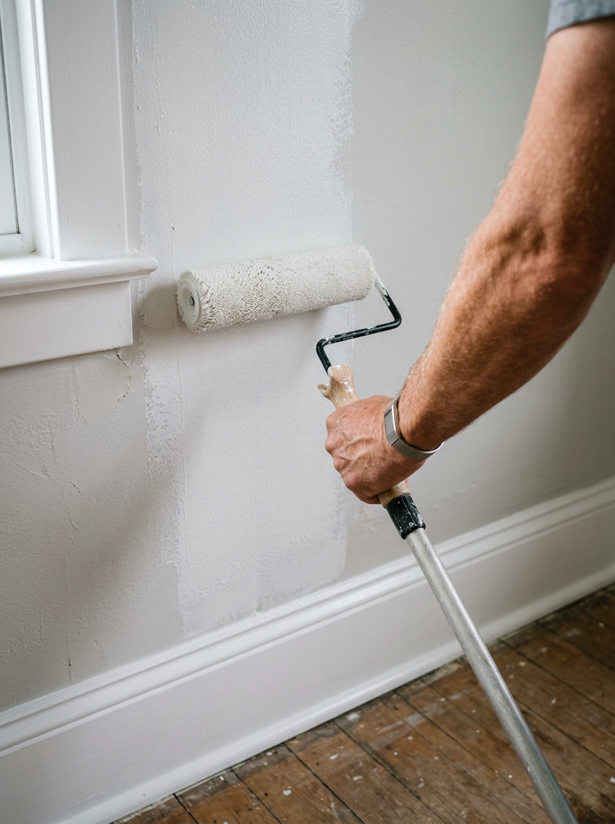 Close-up of a paint roller on an extension pole applying soft white paint to a wall