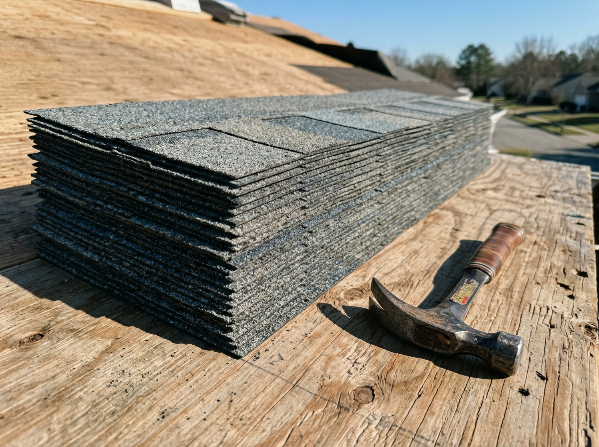 Stack of new architectural asphalt roofing shingles beside a roofing hatchet on a roof deck in bright sunlight