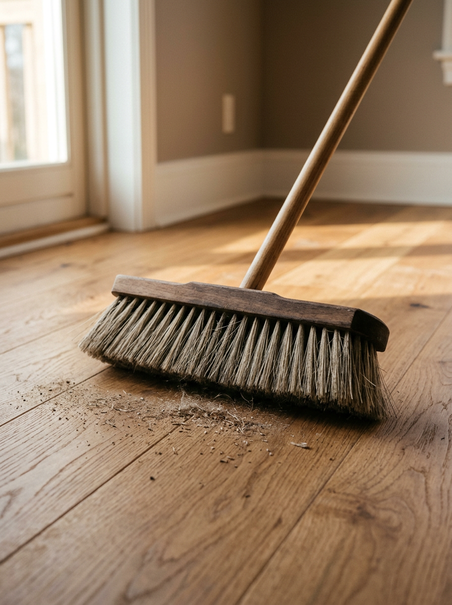 Push broom sweeping the last dust from a newly finished hardwood floor in a completed renovation