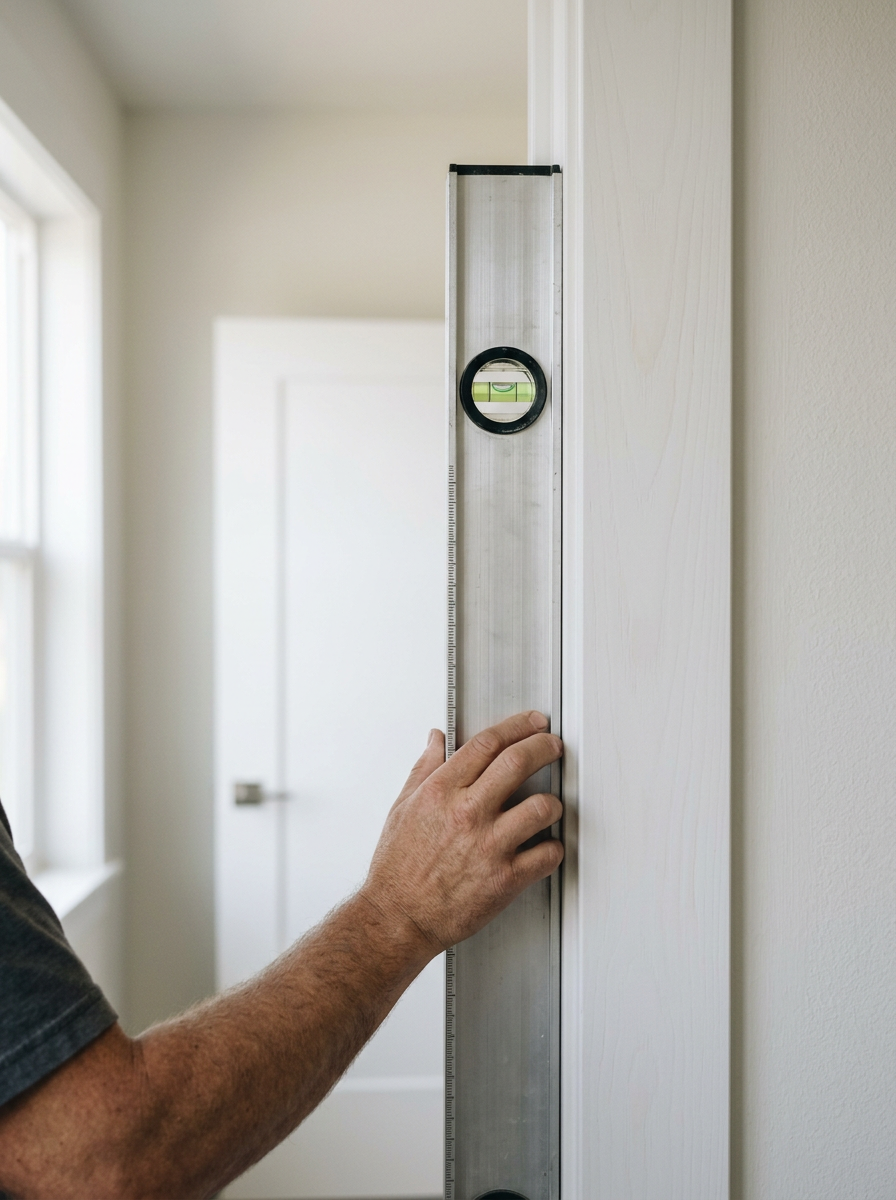 Aluminum spirit level held against newly installed white interior door trim during a quality check